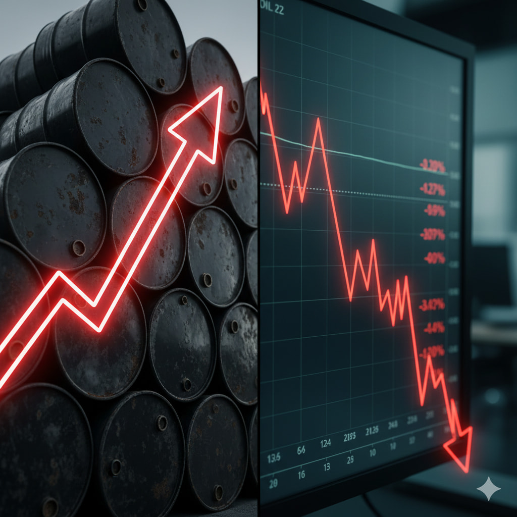 A conceptual split image showing a stack of oil barrels with a rising red arrow on the left and a crashing stock market chart on the right.