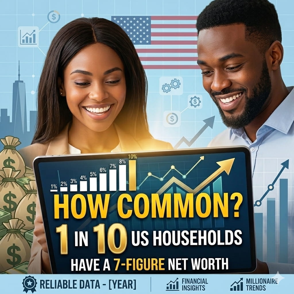 A couple looking at a tablet showing a statistic that 1 in 10 US households have a 7-figure net worth.