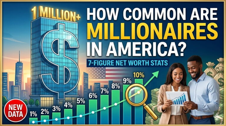 A visual representation of US millionaire statistics featuring a dollar sign on a skyscraper and a rising wealth growth graph.