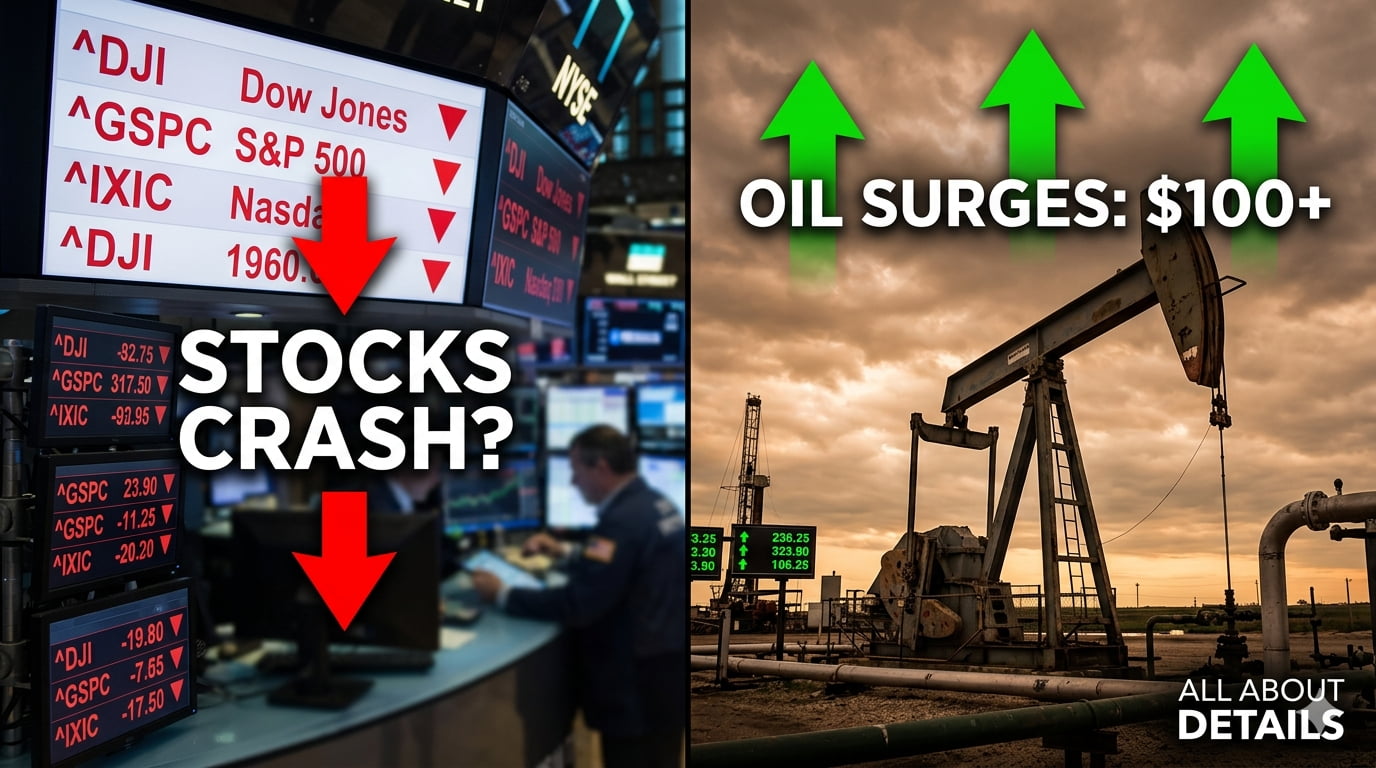 Split screen showing Dow Jones and S&P 500 stock market crash on the left and crude oil price surge due to Iran conflict on the right.