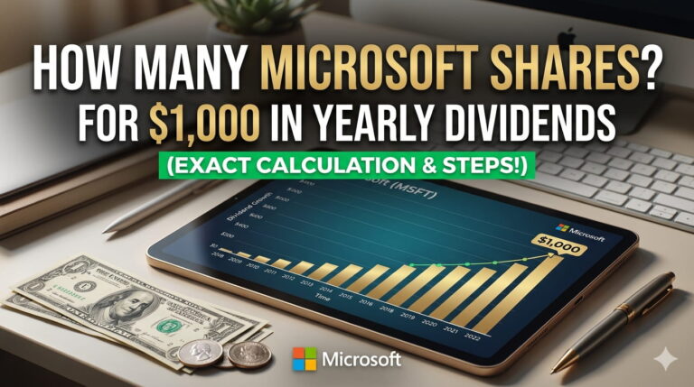 A vertical social media story infographic showing a Microsoft dividend calculator. It asks "WANT $1,000 IN YEARLY DIVIDENDS?" and shows a chart of MSFT dividend growth next to a stack of USD cash.