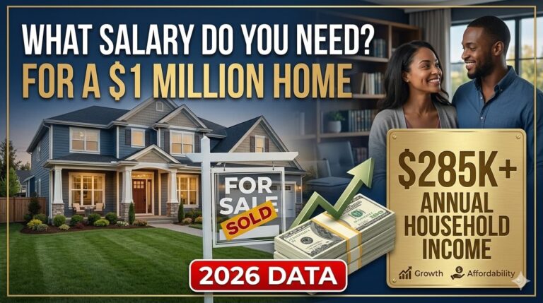 A professional thumbnail showing a $1 million suburban home in the USA with a $285k salary requirement badge and 2026 financial data.