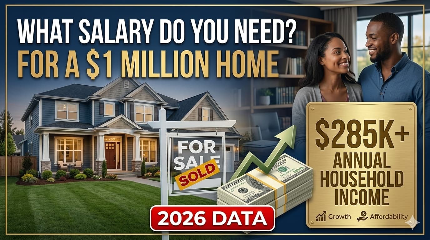 A professional thumbnail showing a $1 million suburban home in the USA with a $285k salary requirement badge and 2026 financial data.