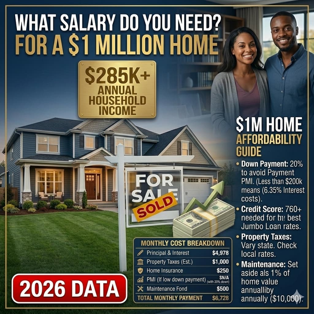 n infographic post image showing the monthly cost breakdown for a $1 million home, including mortgage, taxes, and insurance.