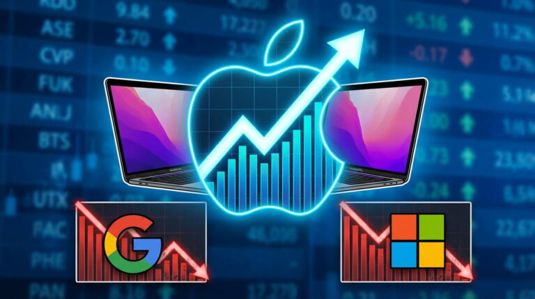 A close-up, dramatic shot of the glowing Apple logo on a silver MacBook, symbolizing Apple's powerful brand and technology.