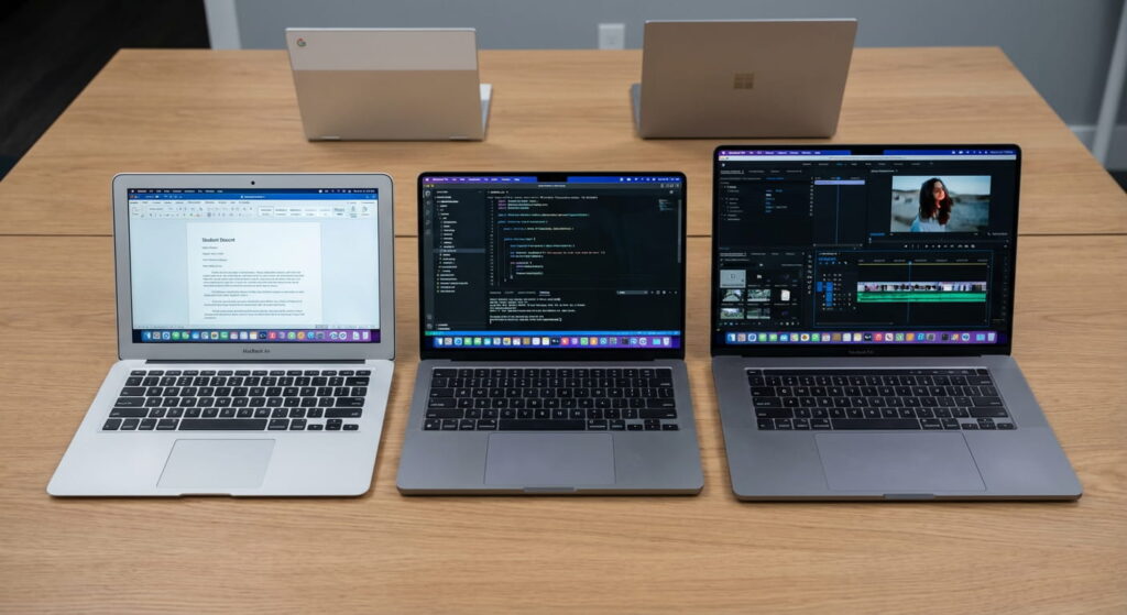 The complete Apple MacBook lineup—Air, 14-inch Pro, and 16-inch Pro—arranged on a clean, modern desk to show a laptop for every user.